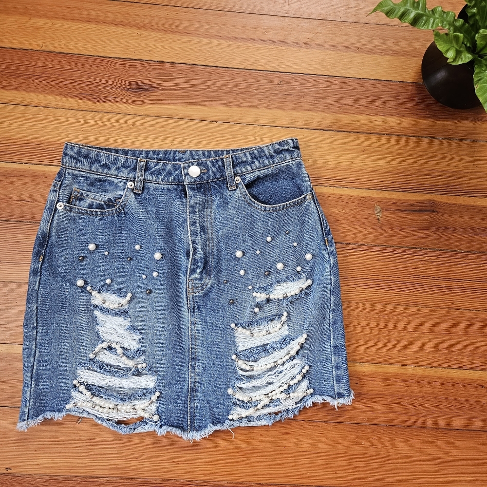 Beaded Jean Mini Skirt